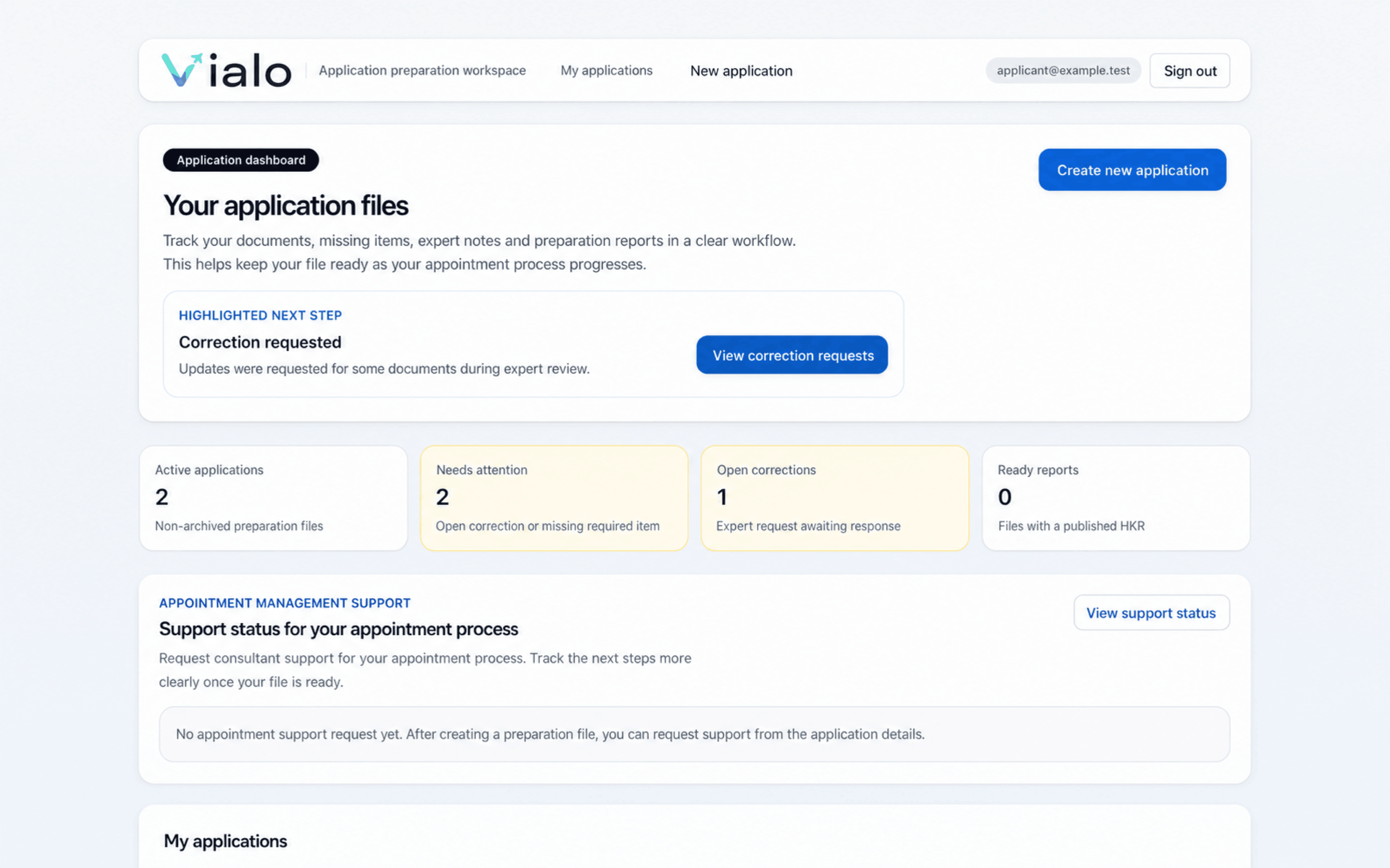 Vialo applicant dashboard showing the next step, active files, open corrections and reports.