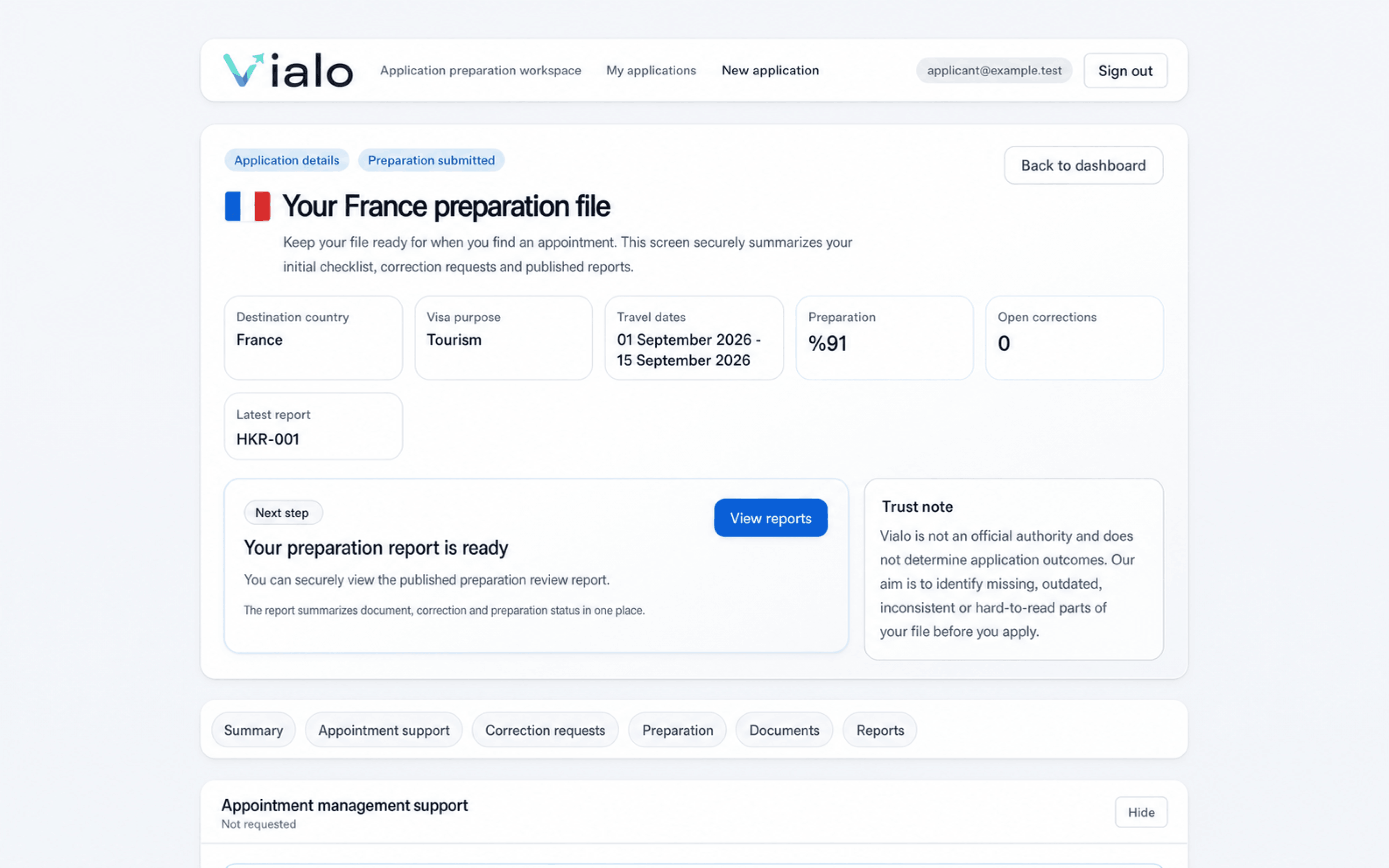 The same Vialo file in a resolved state with zero open corrections and a published readiness report. The screen is marked as a preparation view rather than an official authority.