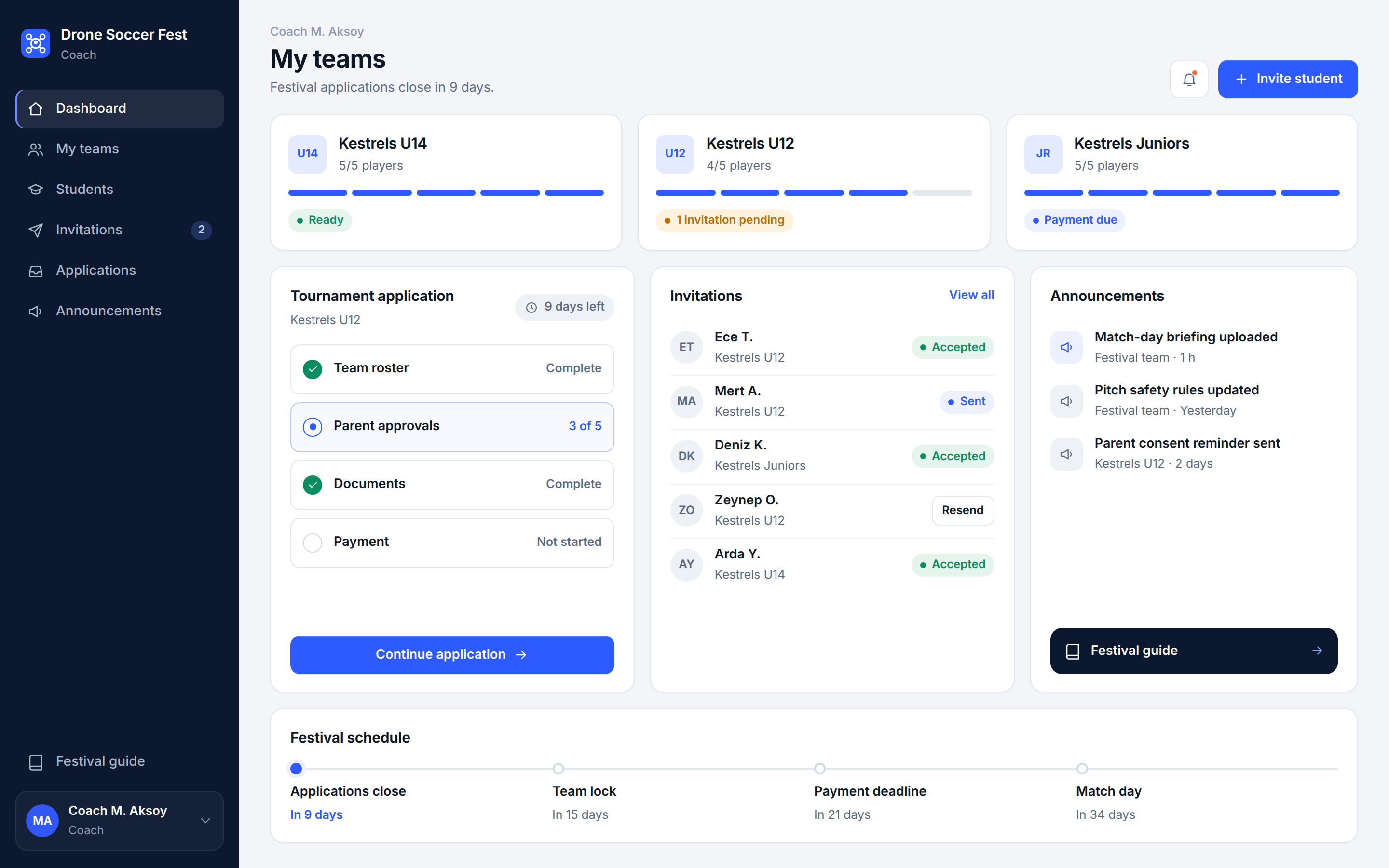 Drone Soccer Fest coach dashboard concept visual: teams, a step-by-step festival application, the schedule, invitations and announcements. The data is illustrative.