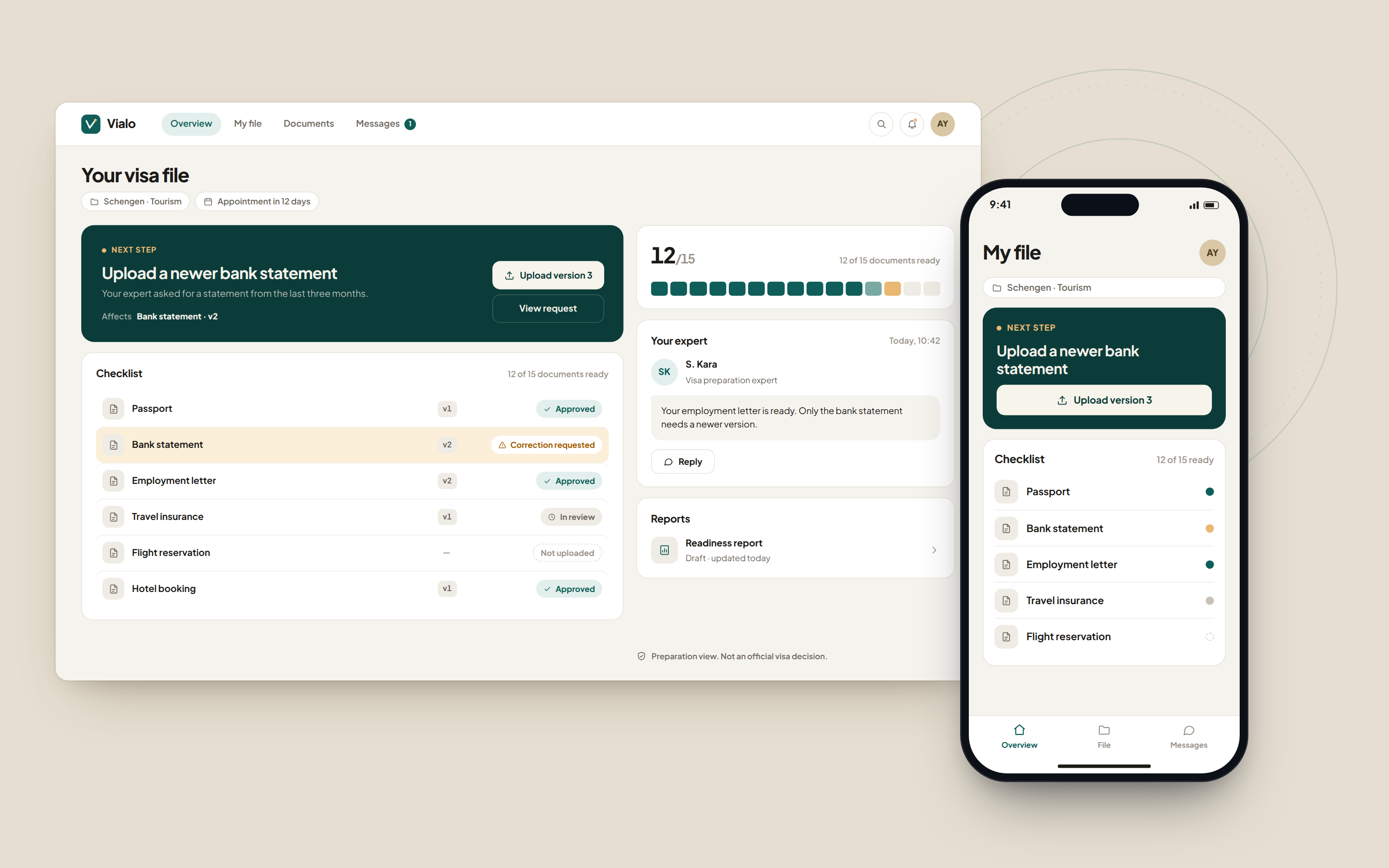 Vialo concept visual: a visa file on desktop showing the next step, the document checklist and an expert note, with the same file on a phone. The data is illustrative.