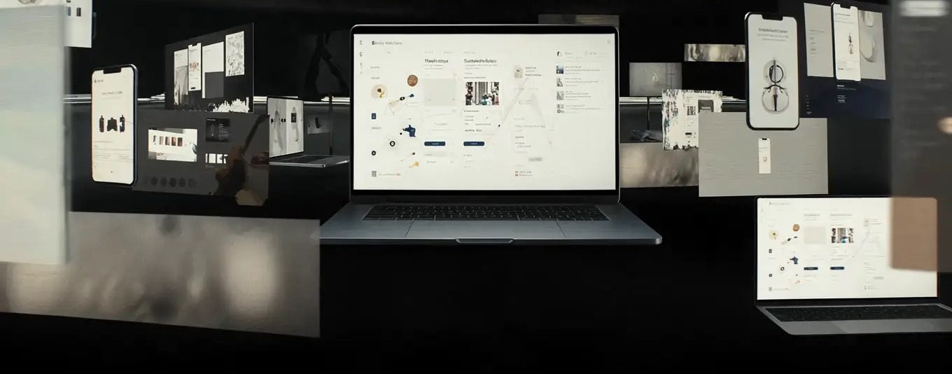Laptops, phones and screens suspended in a dark studio around one central laptop.